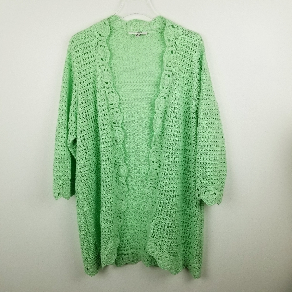 Liz Claiborne Lime Green Crochet Knit Open Front Sweater